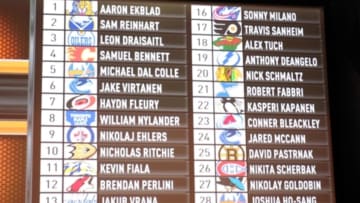 Jun 27, 2014; Philadelphia, PA, USA; A general view of the complete draft board after the completion of the first round of the 2014 NHL Draft at Wells Fargo Center. Mandatory Credit: Bill Streicher-USA TODAY Sports