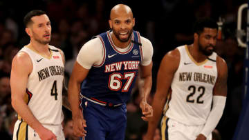 JJ Redick #4 and Derrick Favors #22 of the New Orleans Pelicans look on at Madison Square Garden (Photo by Elsa/Getty Images)