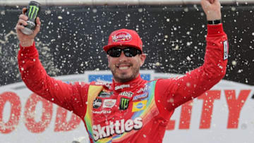 BRISTOL, TN - APRIL 07: Kyle Busch, driver of the #18 Skittles Toyota, celebrates in Victory Lane after winning the Monster Energy NASCAR Cup Series Food City 500 at Bristol Motor Speedway on April 7, 2019 in Bristol, Tennessee. (Photo by Donald Page/Getty Images)