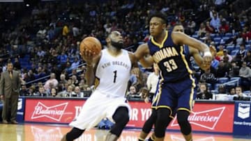 Jan 8, 2016; New Orleans, LA, USA; New Orleans Pelicans guard Tyreke Evans (1) drives down the court as he is defended by Indiana Pacers forward Myles Turner (33) during the first quarter of the game at the Smoothie King Center. Mandatory Credit: Matt Bush-USA TODAY Sports