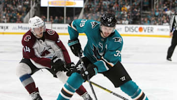 SAN JOSE, CA - MAY 04: Logan Couture #39 of the San Jose Sharks skate ahead with the puck against the Colorado Avalanche in Game Five of the Western Conference Second Round during the 2019 NHL Stanley Cup Playoffs at SAP Center on May 4, 2019 in San Jose, California (Photo by Kavin Mistry/NHLI via Getty Images)