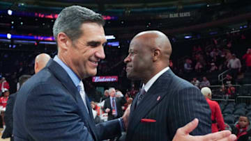 NEW YORK, NY - JANUARY 28: Head coach Jay Wright of the Villanova Wildcats, left, greets head coach Mike Anderson of the St. John's basketball team before their game at Madison Square Garden on January 28, 2020 in New York City. (Photo by Porter Binks/Getty Images)