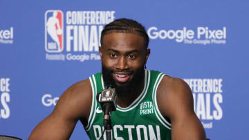 MIAMI, FLORIDA - MAY 27: Jaylen Brown #7 of the Boston Celtics speaks during a press conference following game six of the Eastern Conference Finals against the Miami Heat at Kaseya Center on May 27, 2023 in Miami, Florida. NOTE TO USER: User expressly acknowledges and agrees that, by downloading and or using this photograph, User is consenting to the terms and conditions of the Getty Images License Agreement. (Photo by Megan Briggs/Getty Images)