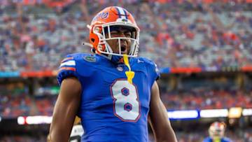Florida Gators tight end Arlis Boardingham (8) celebrates a fourth quarter touchdown against Vanderbilt at Steve Spurrier Field at Ben Hill Griffin Stadium in Gainesville, FL on Saturday, October 7, 2023. [Doug Engle/Gainesville Sun]
