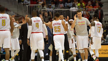 Oct 31, 2016; Atlanta, GA, USA; Atlanta Hawks bench players react with the players in the game during a time out against the Sacramento Kings during the second half at Philips Arena. The Hawks defeated the Kings 106-95. Mandatory Credit: Dale Zanine-USA TODAY Sports