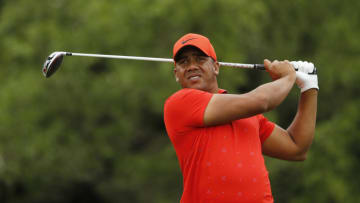 SAN ANTONIO, TEXAS - APRIL 07: Jhonattan Vegas of Venezuela plays his shot from the second tee during the final round of the 2019 Valero Texas Open at TPC San Antonio Oaks Course on April 07, 2019 in San Antonio, Texas. (Photo by Michael Reaves/Getty Images)