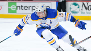 PHILADELPHIA, PA - JANUARY 18: Jake McCabe #19 of the Buffalo Sabres skates against the Philadelphia Flyers in the third period at Wells Fargo Center on January 18, 2021 in Philadelphia, Pennsylvania. The Sabres won 6-1. (Photo by Drew Hallowell/Getty Images)