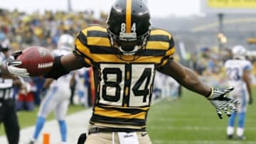 Nov 17, 2013; Pittsburgh, PA, USA; Pittsburgh Steelers wide receiver Antonio Brown (84) celebrates after scoring a 34 yard touchdown against the Detroit Lions during the first quarter at Heinz Field. Mandatory Credit: Charles LeClaire-USA TODAY Sports