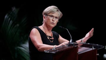 KNOXVILLE, TN - JULY 14: Tennessee women's basketball coach Holly Warlick speaks during a ceremony to celebrate the life of former Tennessee women's basketball coach Pat Summitt on July 14, 2016 at the Thompson-Boling Arena in Knoxville, Tennessee.. Summitt died June 28 at the age of 64, five years after being diagnosed with Alzheimer's disease. (Photo by Mark Humphrey - Pool/Getty Images)