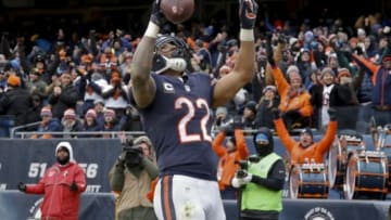 Jan 3, 2016; Chicago, IL, USA; Chicago Bears running back Matt Forte (22) celebrates after scoring a touchdown against the Detroit Lions during the second half at Soldier Field. The Lions won 24-20. Mandatory Credit: Kamil Krzaczynski-USA TODAY Sports