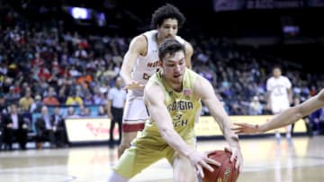 NEW YORK, NY - MARCH 06: Evan Cole #3 of the Georgia Tech Yellow Jackets dives for the ball in the second half against the Boston College Eagles during the first round of the ACC Men's Basketball Tournament at Barclays Center on March 6, 2018 in New York City. (Photo by Abbie Parr/Getty Images)