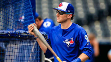 KANSAS CITY, MO - AUGUST 13: Danny Jansen #9 of the Toronto Blue Jays during batting practice in his Major League debut before the game against the Kansas City Royals at Kauffman Stadium on August 13, 2018 in Kansas City, Missouri. (Photo by Brian Davidson/Getty Images)