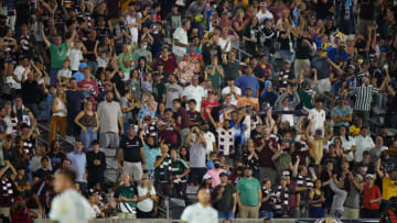 Colorado Rapids fans react to a missed shot in the second half against the Sporting Kansas City at Dick's Sporting Goods Park. Mandatory Credit: Ron Chenoy-USA TODAY Sports