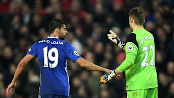 LIVERPOOL, ENGLAND - JANUARY 31: Diego Costa of Chelsea talks to Simon Mignolet of Liverpool during the Premier League match between Liverpool and Chelsea at Anfield on January 31, 2017 in Liverpool, England. (Photo by Darren Walsh/Chelsea FC via Getty Images)