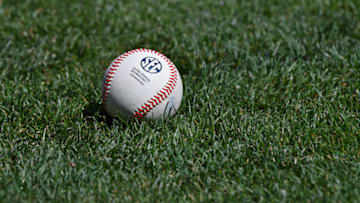Omaha, NE - JUNE 27: A general view of a baseball on the field prior to game two of the College World Series Championship Series between the Oregon State Beavers and the Arkansas Razorbacks on June 27, 2018 at TD Ameritrade Park in Omaha, Nebraska. (Photo by Peter Aiken/Getty Images)
