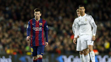 BARCELONA, SPAIN - MARCH 22: Lionel Messi of FC Barcelona and Cristiano Ronaldo of Real Madrid look on during the La Liga match between FC Barcelona and Real Madrid CF at Camp Nou on March 22, 2015 in Barcelona, Spain. (Photo by Angel Martinez/Real Madrid via Getty Images)
