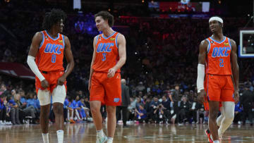 Jalen Williams #8, Josh Giddey #3, and Shai Gilgeous-Alexander #2 of the Oklahoma City Thunder (Photo by Mitchell Leff/Getty Images)