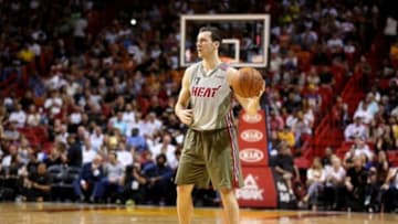 Nov 10, 2015; Miami, FL, USA; Miami Heat guard Goran Dragic (7) dribbles the ball against the Los Angeles Lakers during the second half at American Airlines Arena. Mandatory Credit: Steve Mitchell-USA TODAY Sports