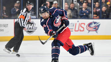 COLUMBUS, OH - MARCH 12: Adam McQuaid #54 of the Columbus Blue Jackets skates against the Boston Bruins on March 12, 2019 at Nationwide Arena in Columbus, Ohio. (Photo by Jamie Sabau/NHLI via Getty Images)