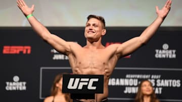 MINNEAPOLIS, MN - JUNE 28: Drew Dober poses on the scale during the UFC Fight Night weigh-in at the Target Center on June 28, 2019 in Minneapolis, Minnesota. (Photo by Josh Hedges/Zuffa LLC/Zuffa LLC via Getty Images)