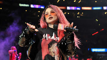 LOS ANGELES, CALIFORNIA - JANUARY 01: Hip-hop artist Snow Tha Product performs at halftime of a basketball game between the Los Angeles Clippers and the Philadelphia 76ers at Staples Center on January 01, 2019 in Los Angeles, California. (Photo by Allen Berezovsky/Getty Images)
