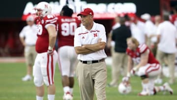 Sep 5, 2015; Lincoln, NE, USA; Nebraska Cornhuskers head coach Mike Riley watches Brigham Young Cougars players celebrate after the Cougars scored a last second touchdown tin the second half at Memorial Stadium. Brigham Young won 33-28. Mandatory Credit: Bruce Thorson-USA TODAY Sports
