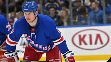 ST. LOUIS, MO - MARCH 17: New York Rangers leftwing Cody McLeod (8) during a NHL game between the New York Rangers and the St. Louis Blues on March 17, 2018, at Scottrade Center, St. Louis, MO. St. Louis beat New York in overtime, 4-3. (Photo by Keith Gillett/Icon Sportswire via Getty Images).
