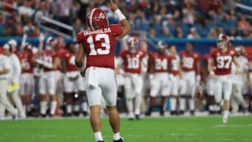MIAMI, FL - DECEMBER 29: Tua Tagovailoa #13 of the Alabama Crimson Tide reacts after the play in the second quarter during the College Football Playoff Semifinal against the Oklahoma Sooners at the Capital One Orange Bowl at Hard Rock Stadium on December 29, 2018 in Miami, Florida. (Photo by Mike Ehrmann/Getty Images)