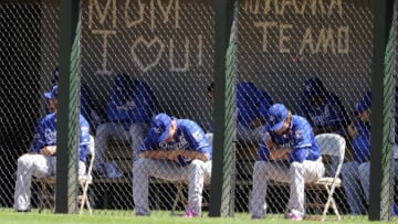 CHICAGO, IL - MAY 13: Kansas City Royals pitchers sitting in the bullpen leave a Mother's Day message to their families during a game against the Chicago White Sox on May 13, 2012 at U.S. Cellular Field in Chicago, Illinois. (Photo by David Banks/Getty Images)