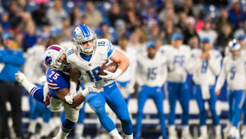 ORCHARD PARK, NY - AUGUST 31: Jace Billingsley #16 of the Detroit Lions is brought down for a one yard loss by Eddie Yarbrough #75 of the Buffalo Bills during the second quarter of a preseason game on August 31, 2017 at New Era Field in Orchard Park, New York. (Photo by Brett Carlsen/Getty Images)