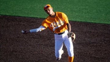 Tennessee's Maui Ahuna (2) throws to first against Charleston Southern in an NCAA college baseball game at Lindsey Nelson Stadium in Knoxville, Tenn. on Tuesday, February 28, 2023.Kns Vols Baseball Charleston Southern Bp