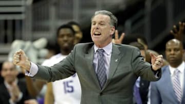 KANSAS CITY, MO - MARCH 08: Head coach Jamie Dixon of the TCU Horned Frogs reacts during the first round game of the Big 12 Basketball Tournament against the Oklahoma Sooners at the Sprint Center on March 8, 2017 in Kansas City, Missouri. (Photo by Jamie Squire/Getty Images)