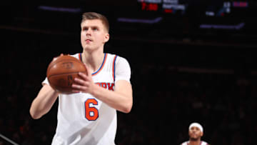 NEW YORK, NY - MARCH 27: Kristaps Porzingis #6 of the New York Knicks shoots a free throw during a game against the Detroit Pistons on March 27, 2017 at Madison Square Garden in New York City, New York. NOTE TO USER: User expressly acknowledges and agrees that, by downloading and/or using this photograph, user is consenting to the terms and conditions of the Getty Images License Agreement. Mandatory Copyright Notice: Copyright 2017 NBAE (Photo by Nathaniel S. Butler/NBAE via Getty Images)