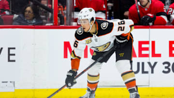 OTTAWA, ON - FEBRUARY 07: Anaheim Ducks Defenceman Brandon Montour (26) prepares for a face-off during third period National Hockey League action between the Anaheim Ducks and Ottawa Senators on February 7, 2019, at Canadian Tire Centre in Ottawa, ON, Canada. (Photo by Richard A. Whittaker/Icon Sportswire via Getty Images)
