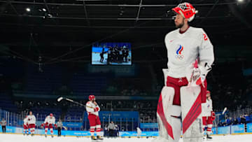 BEIJING, CHINA - FEBRUARY 20: Ivan Fedotov #28 of Team ROC reacts after losing to Team Finland during the Men's Ice Hockey Gold Medal match between Team Finland and Team ROC on Day 16 of the Beijing 2022 Winter Olympic Games at National Indoor Stadium on February 20, 2022 in Beijing, China. Team Finland defeated Team ROC 2-1. (Photo by Matt Slocum - Pool/Getty Images)