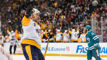 Nino Niederreiter #22 of the Nashville Predators celebrates his goal in the second period against the San Jose Sharks during the 2022 NHL Global Series Challenge Czech Republic match between Nashville Predators and San Jose Sharks at O2 Arena on October 8, 2022 in Prague, Czech Republic. (Photo by Jari Pestelacci/Eurasia Sport Images/Getty Images)