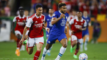 Jul 23, 2022; Orlando, FL, USA; Arsenal forward Gabriel Martinelli (11) runs with the ball ahead of Chelsea defender Reece James (24) during the first half at Camping World Stadium. Mandatory Credit: Sam Navarro-USA TODAY Sports