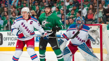 Feb 27, 2016; Dallas, TX, USA; New York Rangers defenseman Ryan McDonagh (27) and goalie Henrik Lundqvist (30) and Dallas Stars left wing Jamie Benn (14) in action during the game at the American Airlines Center. The Rangers defeat the Stars 3-2. Mandatory Credit: Jerome Miron-USA TODAY Sports