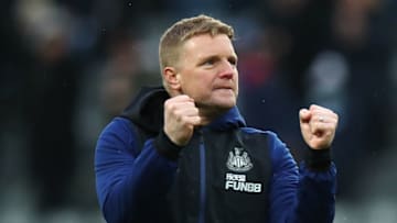 NEWCASTLE UPON TYNE, ENGLAND - FEBRUARY 13: Eddie Howe the manager / head coach of Newcastle United celebrates at full time during the Premier League match between Newcastle United and Aston Villa at St. James Park on February 13, 2022 in Newcastle upon Tyne, United Kingdom. (Photo by Robbie Jay Barratt - AMA/Getty Images)