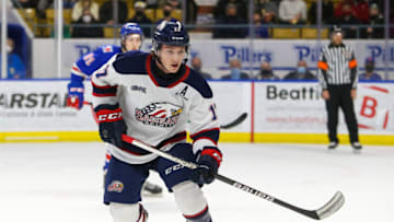 KITCHENER, ONTARIO - MARCH 04: Josh Bloom #17 of the Saginaw Spirits skates against the Kitchener Rangers during the second period at Kitchener Memorial Auditorium on March 04, 2022 in Kitchener, Ontario. (Photo by Chris Tanouye/Getty Images)