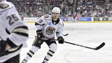 HERSHEY, PA - DECEMBER 01: Hershey Bears left wing Shane Gersich (10) skates back in the defensive zone during the Springfield Thunderbirds at Hershey Bears on December 1, 2018 at the Giant Center in Hershey, PA. (Photo by Randy Litzinger/Icon Sportswire via Getty Images)