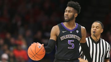 TUCSON, AZ - FEBRUARY 07: Washington Huskies guard Jaylen Nowell (5) dribbles the ball during a college basketball game between the Washington Huskies and the Arizona Wildcats on February 07, 2019, at McKale Center in Tucson, AZ. (Photo by Jacob Snow/Icon Sportswire via Getty Images)