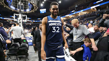 MINNEAPOLIS, MN - OCTOBER 27: Karl-Anthony Towns #32 of the Minnesota Timberwolves heads to the locker room after the game against the Oklahoma City Thunder on October 27, 2017 at Target Center in Minneapolis, Minnesota. NOTE TO USER: User expressly acknowledges and agrees that, by downloading and/or using this photograph, user is consenting to the terms and conditions of the Getty Images License Agreement. Mandatory Copyright Notice: Copyright 2017 NBAE (Photo by David Sherman/NBAE via Getty Images)
