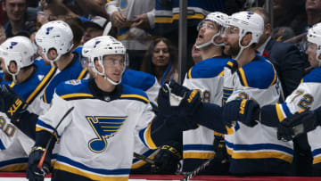 VANCOUVER, BC - NOVEMBER 05: Tyler Bozak #21 of the St. Louis Blues celebrates with teammates after scoring a goal against the Vancouver Canucks at Rogers Arena on November 5, 2019 in Vancouver, Canada. (Photo by Rich Lam/Getty Images)
