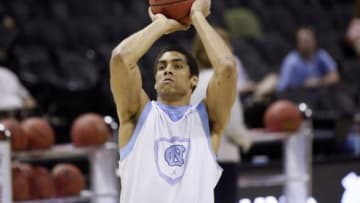 Mar 20, 2014; San Antonio, TX, USA; North Carolina Tar Heels forward James Michael McAdoo (43) shoots during practice before the second round of the 2014 NCAA Tournament at AT&T Center. Mandatory Credit: Soobum Im-USA TODAY Sports