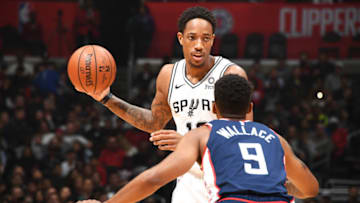 LOS ANGELES, CA - DECEMBER 29: DeMar DeRozan #10 of the San Antonio Spurs handles the ball against the LA Clippers on December 29, 2018 at STAPLES Center in Los Angeles, California. NOTE TO USER: User expressly acknowledges and agrees that, by downloading and/or using this Photograph, user is consenting to the terms and conditions of the Getty Images License Agreement. Mandatory Copyright Notice: Copyright 2018 NBAE (Photo by Andrew D. Bernstein/NBAE via Getty Images)