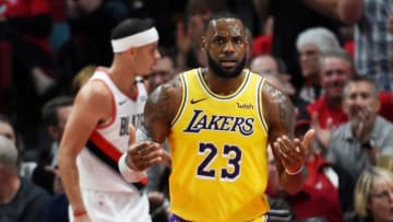 PORTLAND, OR - OCTOBER 18: LeBron James #23 of the Los Angeles Lakers reacts in the second quarter of their game against the Portland Trail Blazers at Moda Center on October 18, 2018 in Portland, Oregon. NOTE TO USER: User expressly acknowledges and agrees that, by downloading and or using this photograph, User is consenting to the terms and conditions of the Getty Images License Agreement. (Photo by Steve Dykes/Getty Images)