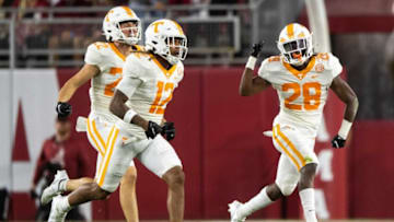 Tennessee defensive back De'Shawn Rucker (28) celebrates a blocked punt during a football game between the Tennessee Volunteers and the Alabama Crimson Tide at Bryant-Denny Stadium in Tuscaloosa, Ala., on Saturday, Oct. 23, 2021.Kns Tennessee Alabama Football Bp
