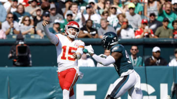 PHILADELPHIA, PENNSYLVANIA - OCTOBER 03: Patrick Mahomes #15 of the Kansas City Chiefs throws the ball as he is pressured by Josh Sweat #94 of the Philadelphia Eagles during the second quarter at Lincoln Financial Field on October 03, 2021 in Philadelphia, Pennsylvania. (Photo by Tim Nwachukwu/Getty Images)