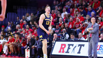 PISCATAWAY, NJ - FEBRUARY 05: Michigan Wolverines forward Ignas Brazdeikis (13) reacts after making a 3 point basket during the second half of the College Basketball game between the Rutgers Scarlet Knights and the Michigan Wolverines on February 5, 2019 at the Louis Brown Athletic Center in Piscataway, NJ. (Photo by Rich Graessle/Icon Sportswire via Getty Images)